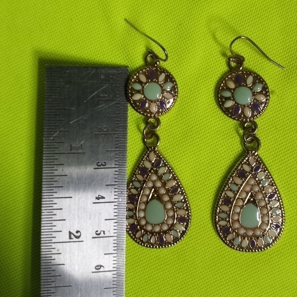Multi color dangle wire teardrop enamel goldtone earrings - Picture 3 of 3